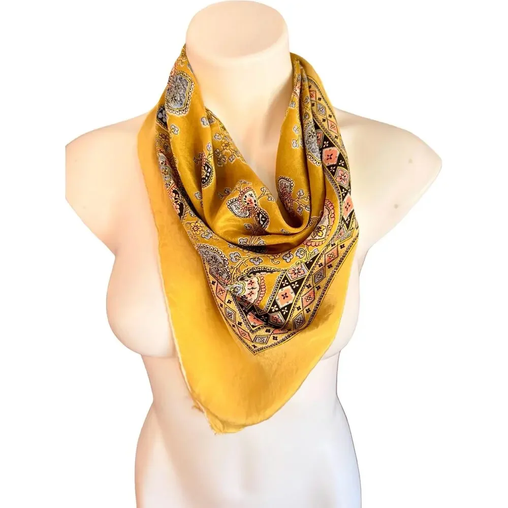 Vintage 1970s Silk Paisley Medallion Scarf Mustard Gold Floral Rolled 30